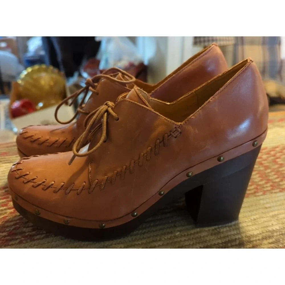 Latigo Womens Tan Leather‎ Wood Sole Platform Shoes Anthropologie 9M Closed Toe